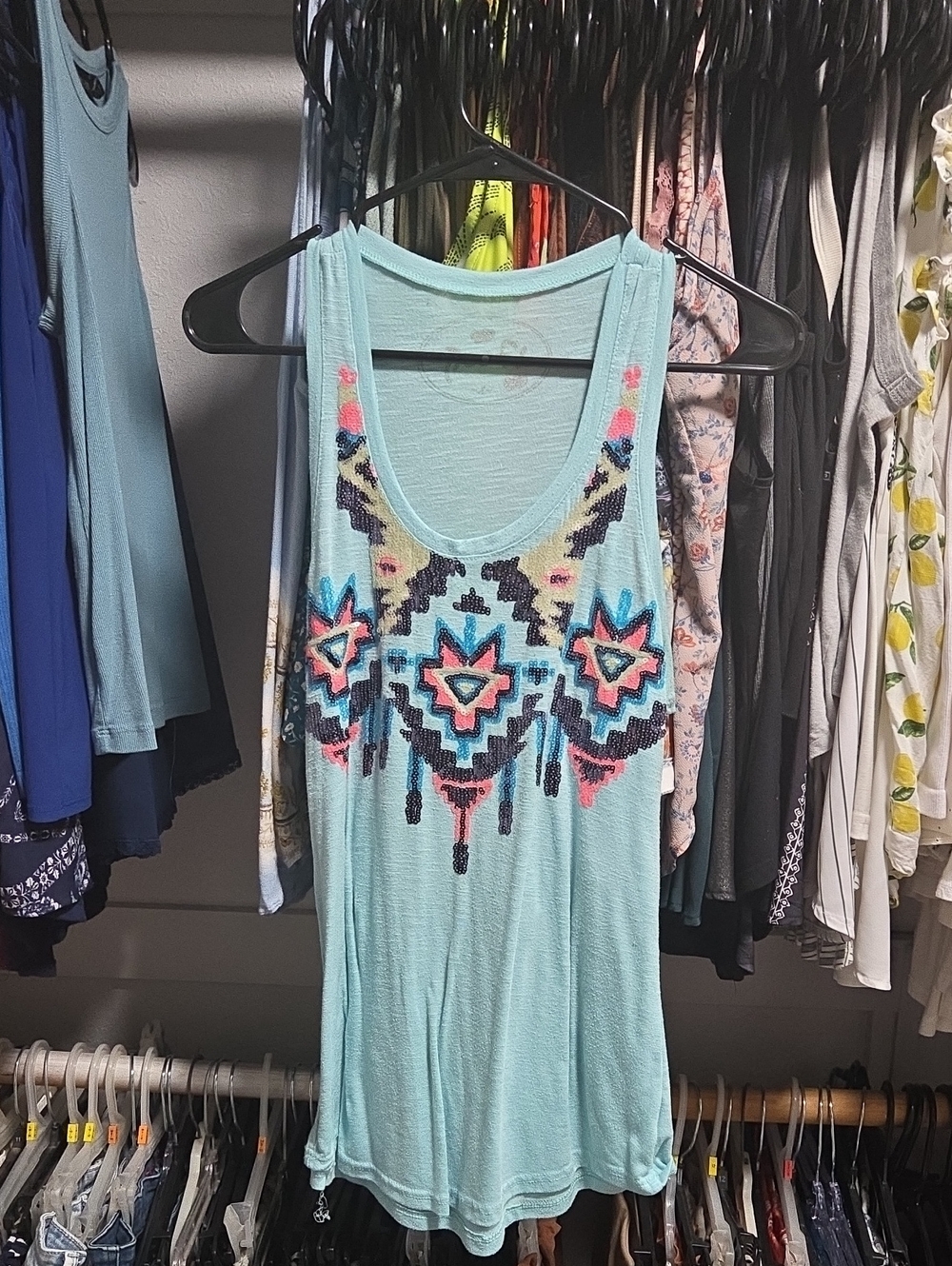 Poof! Mint Tank Top with Southwestern Embroidery